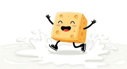 Naklejka premium Whimsical cheese cube character ice skating on a milky surface creating splash