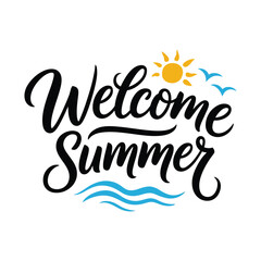 Fototapeta premium Welcome Summer Calligraphic with Sun and Waves