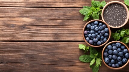 Fototapeta premium Fresh blueberries and mint leaves are artfully arranged in clay bowls atop a rustic wooden surface, creating a vibrant and healthy culinary scene.
