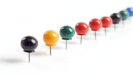 Push pins isolated on white background,collection of various pushpins on white background , multi-colored paper clips