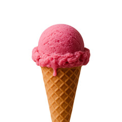 Delicious pink strawberry ice cream scoop on waffle cone isolated on white background. Perfect refreshing summer dessert and sweet treat concept