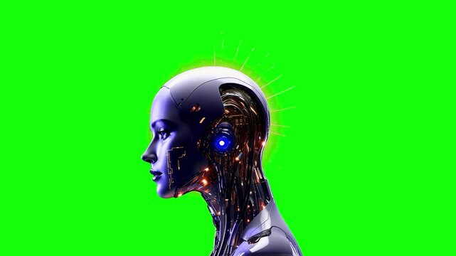 Futuristic ai robot animation, transparent 4K video, green screen