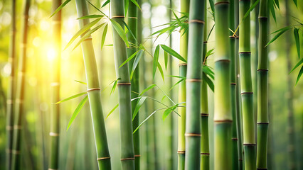 Fototapeta premium Beautiful close up of vibrant green bamboo stalks with leaves in a serene forest setting