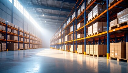 Bright and Spacious Warehouse Interior with Stacked Cardboard Boxes