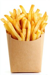 Golden French Fries Overflowing from a Brown Paper Container on White Background Studio Shot Close Up Ready to Eat