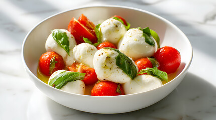 Caprese Salad Fresh Mozzarella Tomatoes Basil in White Bowl on Marble Tabletop Gourmet Italian Dish