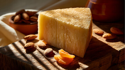 Manchego Cheese Wedge with Almonds and Dried Apricots on Rustic Wood Surface in Sunlight