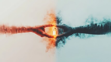 A stylized image of two hands reaching towards each other, holding a padlock, symbolizing connection and security amid contrasting cityscapes.