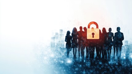 Silhouetted figures stand before a digital backdrop, featuring a large padlock symbol, representing security and privacy in a technological context.