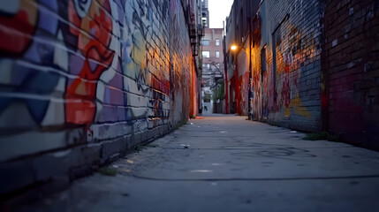 Fototapeta premium A narrow urban alleyway adorned with vibrant graffiti, illuminated by streetlights, showcasing the evening city atmosphere