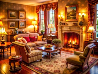 Elegant Living Room Fireplace Plush Seating Tilt-Shift Photography Stock Photo