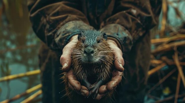 a male farmer holds a nutria in his hands. Selective focus