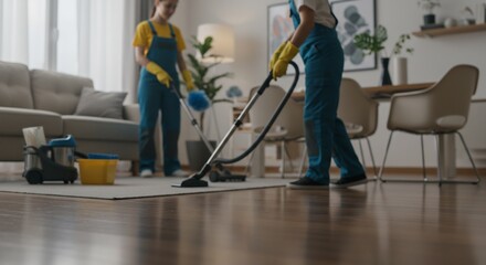 Two Professional Cleaning Ladies Vacuuming and Dusting a Modern Living Room, Hardwood Floor, Cleaning Service