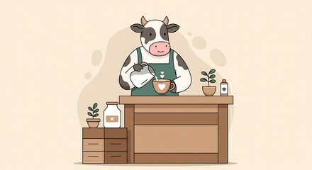 Whimsical illustration of a cow barista preparing a loving latte drink
