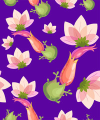 Seamless background or pattern with exotic watercolor plants and flowers in vintage style for wallpaper, fabric or design. Vector.