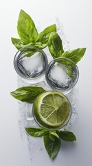 Obraz premium Refreshing Basil Lime Drinks with Ice Cubes Overhead Still Life on White Background
