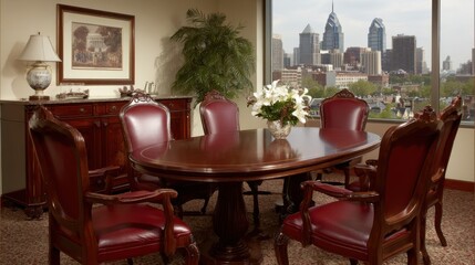 Fototapeta premium Elegant Conference Room with Philadelphia Skyline View, Formal Meeting Space Interior, Executive Office Decor, Daytime Shot
