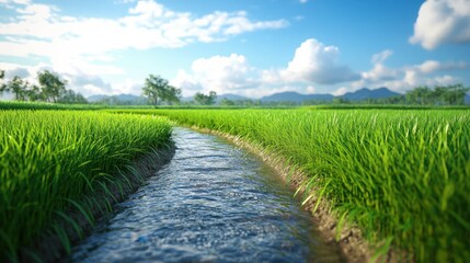 Naklejka premium Serene Landscape with Water Stream Flowing Through Green Rice Fields under Clear Blue Sky and Puffy White Clouds