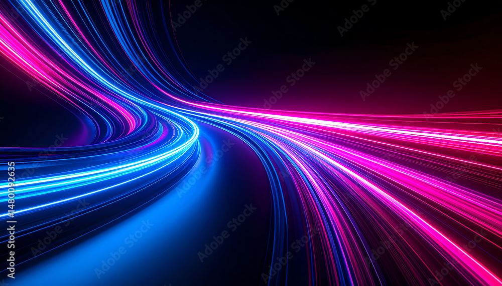 Poster vibrant neon light trails swirl in a dark background, creating a dynamic and futuristic visual effec