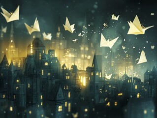 A Mystical Cityscape with Illuminated Buildings and Floating Paper Origami