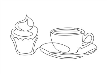 cake muffin cupcake coffee cup line continuous drawing. Vector illustration. Hand drawn silhouette. Dessert icon. Minimal design, print, banner, card, product logo, brochure, menu, bakery shop.
