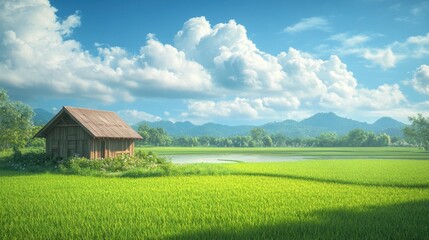 Serene Rural Landscape with Traditional Hut and Lush Green Rice Fields Under a Bright Blue Sky