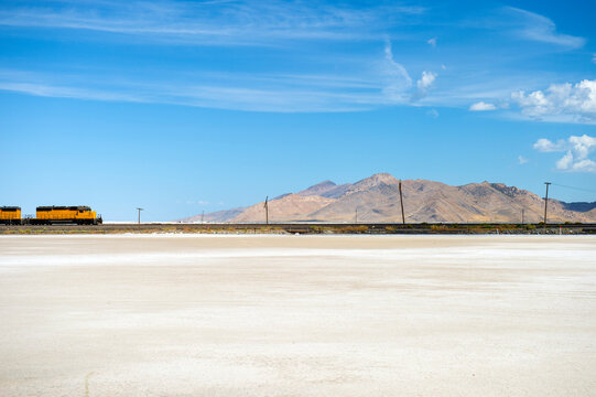 Train and Bonneville Salt Flats, Tooele County in northwestern Utah state, USA