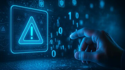 Hand Touching Digital Warning Symbol with Glowing Binary Code and Cyber Alert Concept in Dark Interface
- Powered by Adobe
