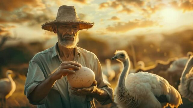 a man holds an ostrich egg in his hands. Selective focus