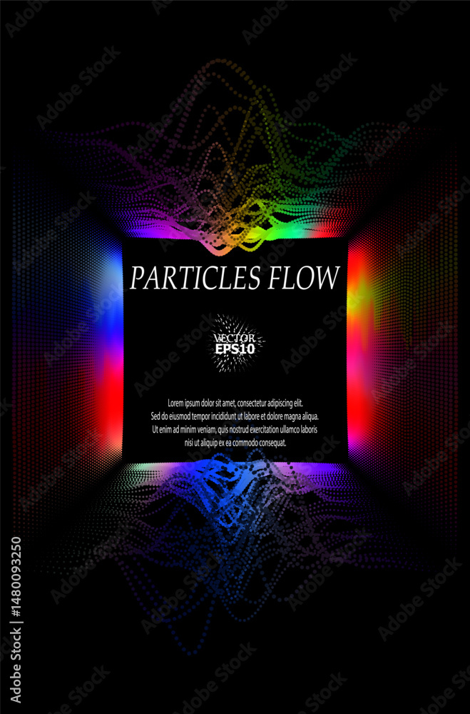 Poster colored sound waves from particles on a black background. contrast emphasizes the difference in stru