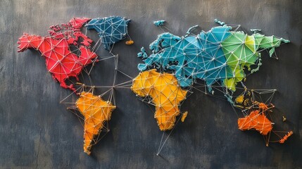 Colorful string art world map global interconnection travel design red pins dark grey blue craft