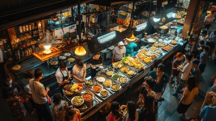 Fototapeta premium Busy Asian night market food stalls, people queuing, overhead view, delicious food