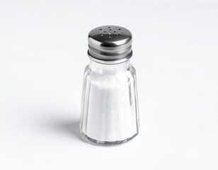 Salt shaker filled with white powder on white backdrop