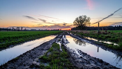 Sunset Reflection in Muddy Farm Road Surrounded by Green Fields