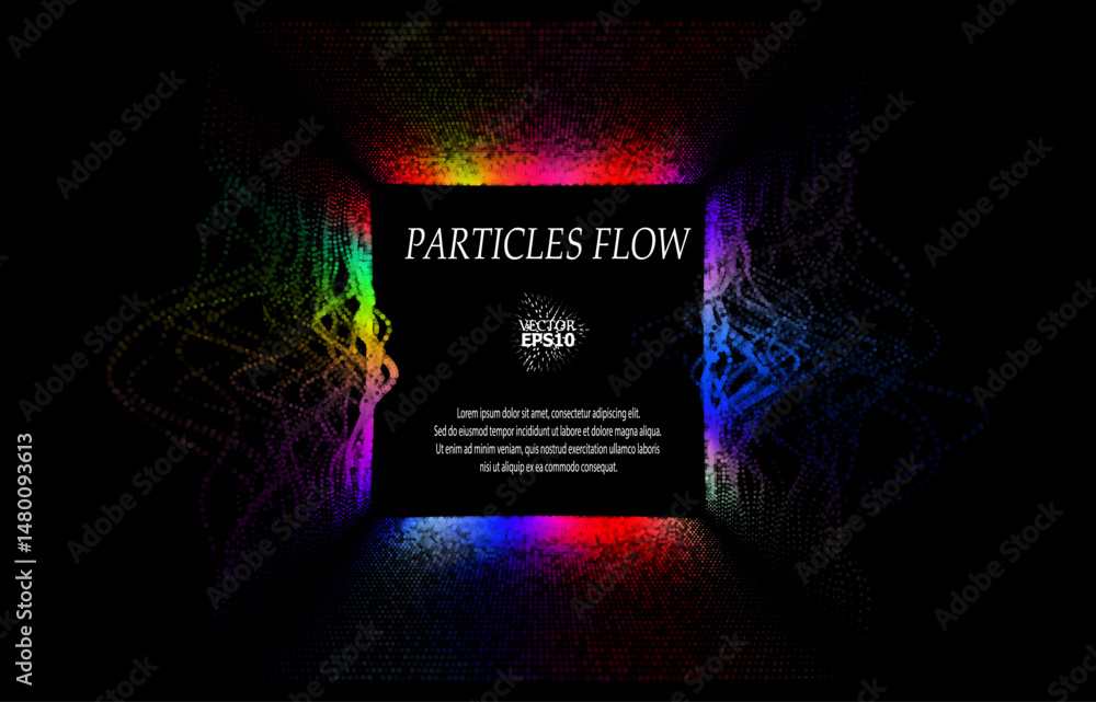 Poster colored sound waves from particles on a black background. contrast emphasizes the difference in stru
