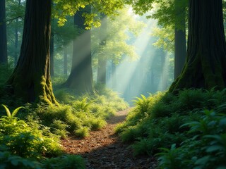 Obraz premium medicinal herbs and berries, traditional medicine Forest path with a trail of moss and flowers. The sunlight is shining through the trees