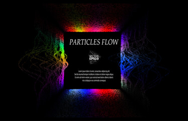 Colored sound waves from particles on a black background. Contrast emphasizes the difference in structure. Abstract style, sound design, data visualization.
