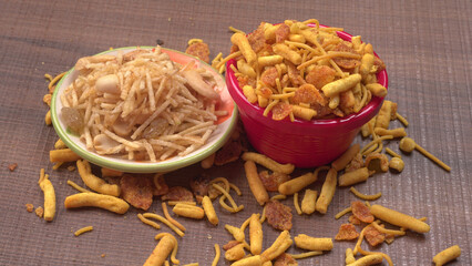 Indian Snacks, Traditional Indian deep fried salty dish called chivda or mixture or farsan made of...