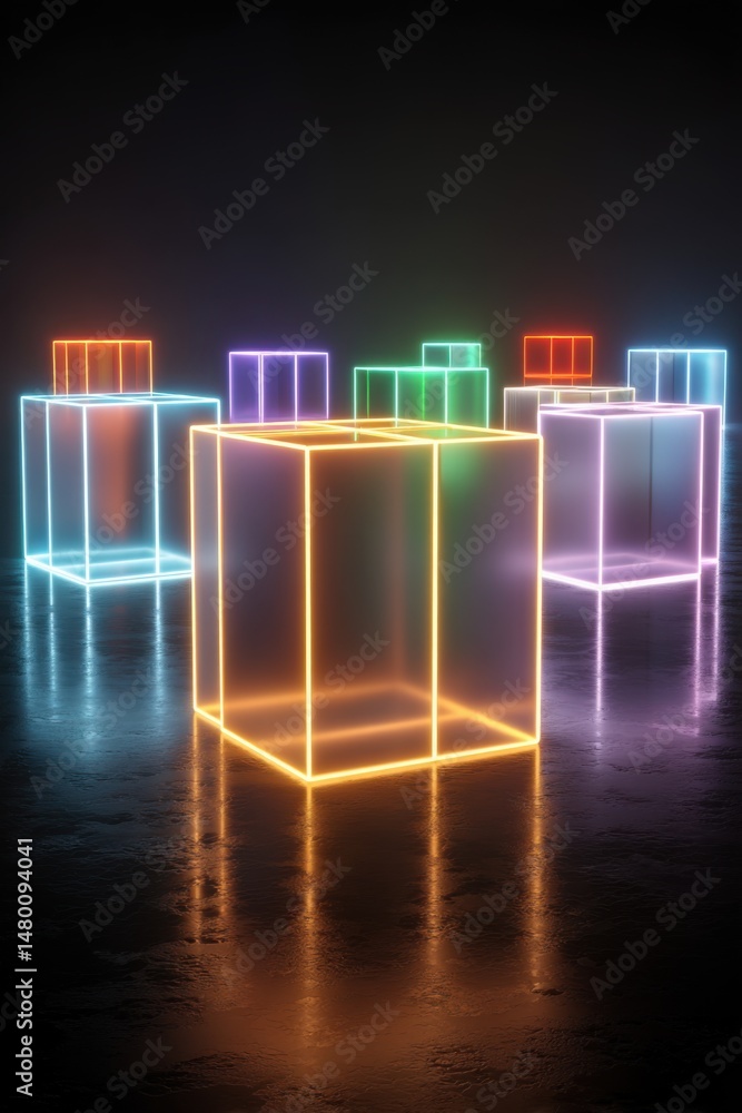 Poster neon cubes displayed on wet floor in dark room abstract futuristic design concept visual