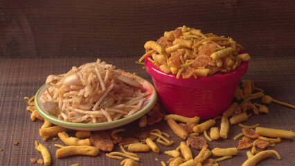 Indian Snacks, Traditional Indian deep fried salty dish called chivda or mixture or farsan made of...