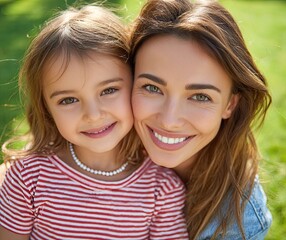 Obraz premium A happy mother and her child, the girl is holding an envelope in one hand, wearing colorful with stripes on them, smiling at the camera