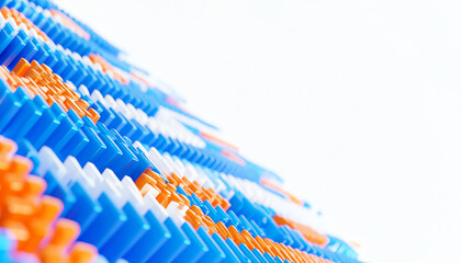 Vibrant, abstract composition of blue and orange shapes arranged in a dynamic pattern, creating a visually striking effect against a light background