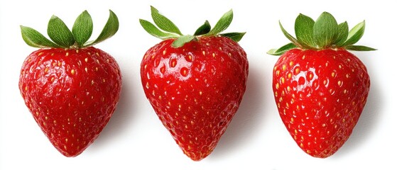 Three Fresh Strawberries in a Row on White Background Close Up Studio Shot Healthy Eating Concept Food Photography