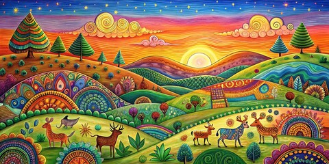 Ethnic Animal Doodle Art Landscape Backdrop: Vibrant Nature Scene with Tribal Designs