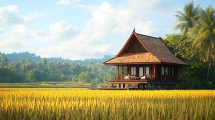 Fototapeta premium Serene Traditional House in Rice Field Surrounded by Lush Greenery and Blue Sky Under Bright Sunlight