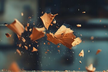 Artistic and dynamic shot of flying pencil shavings in mid air creating abstract creative forms