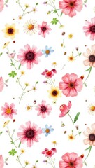 Vibrant floral pattern with colorful blossoms and delicate greenery on a white background