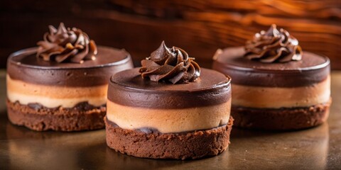 Three decadent chocolate mousse cakes with a layer of caramel and a brownie base, arranged on a rustic gold surface