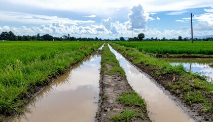 Obraz premium Serene Rice Fields with Reflections of Clouds in Bright Sky