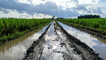Obraz premium Lush Green Rice Field with Reflective Water After Rainy Day